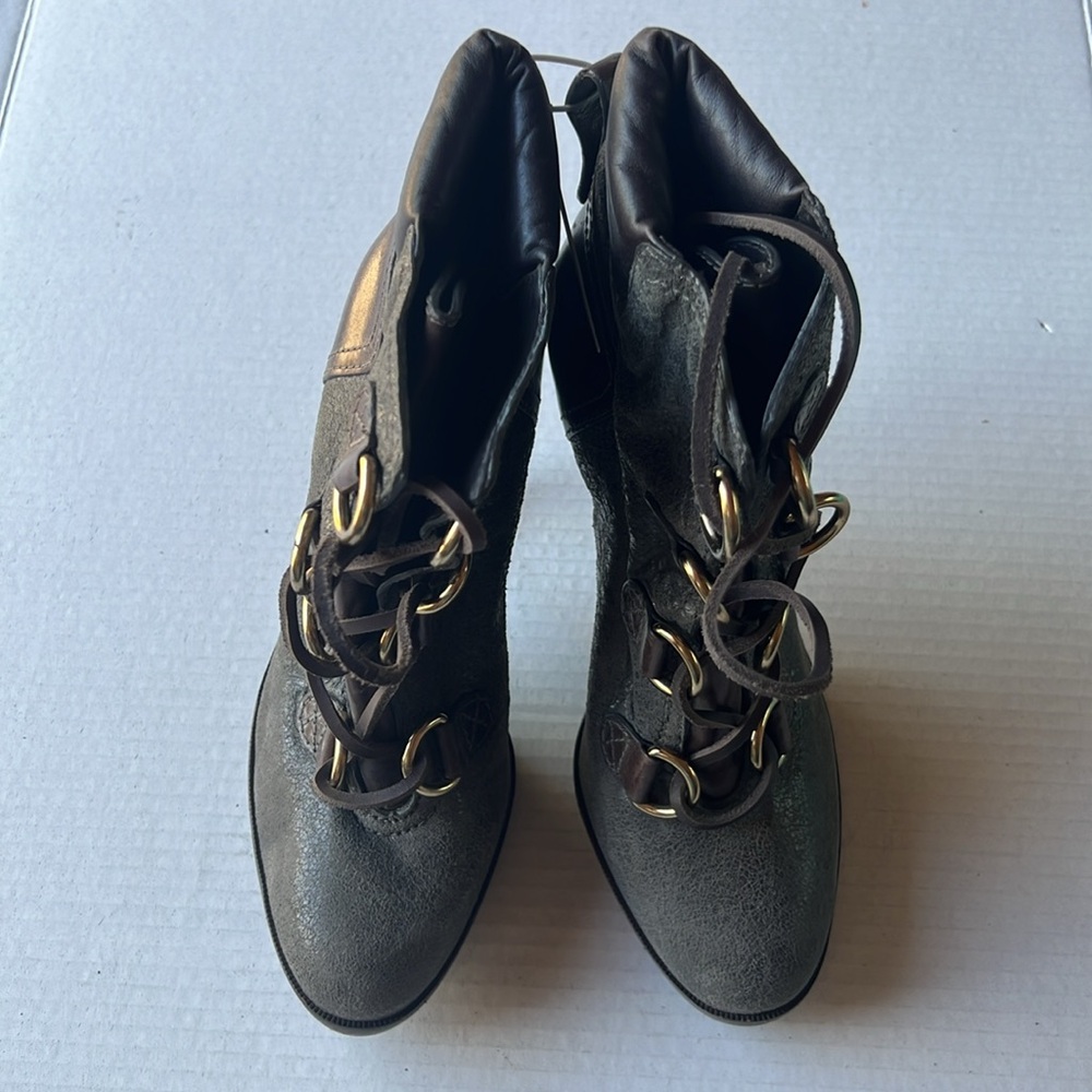 Tori Burch Gray Distressed and Brown Leather Women's Heeled Boots